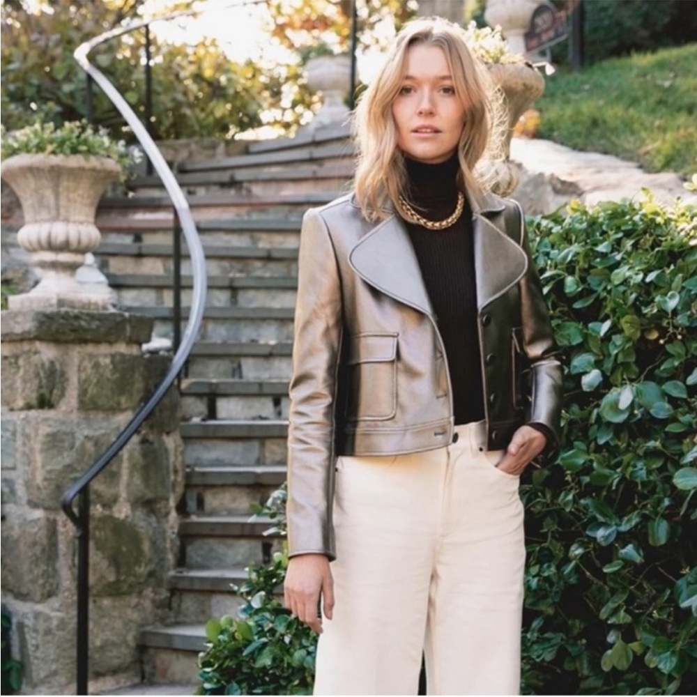 Tuckernuck Women's Bronze Metallic Cropped Faux Leather Blazer Jacket Size M